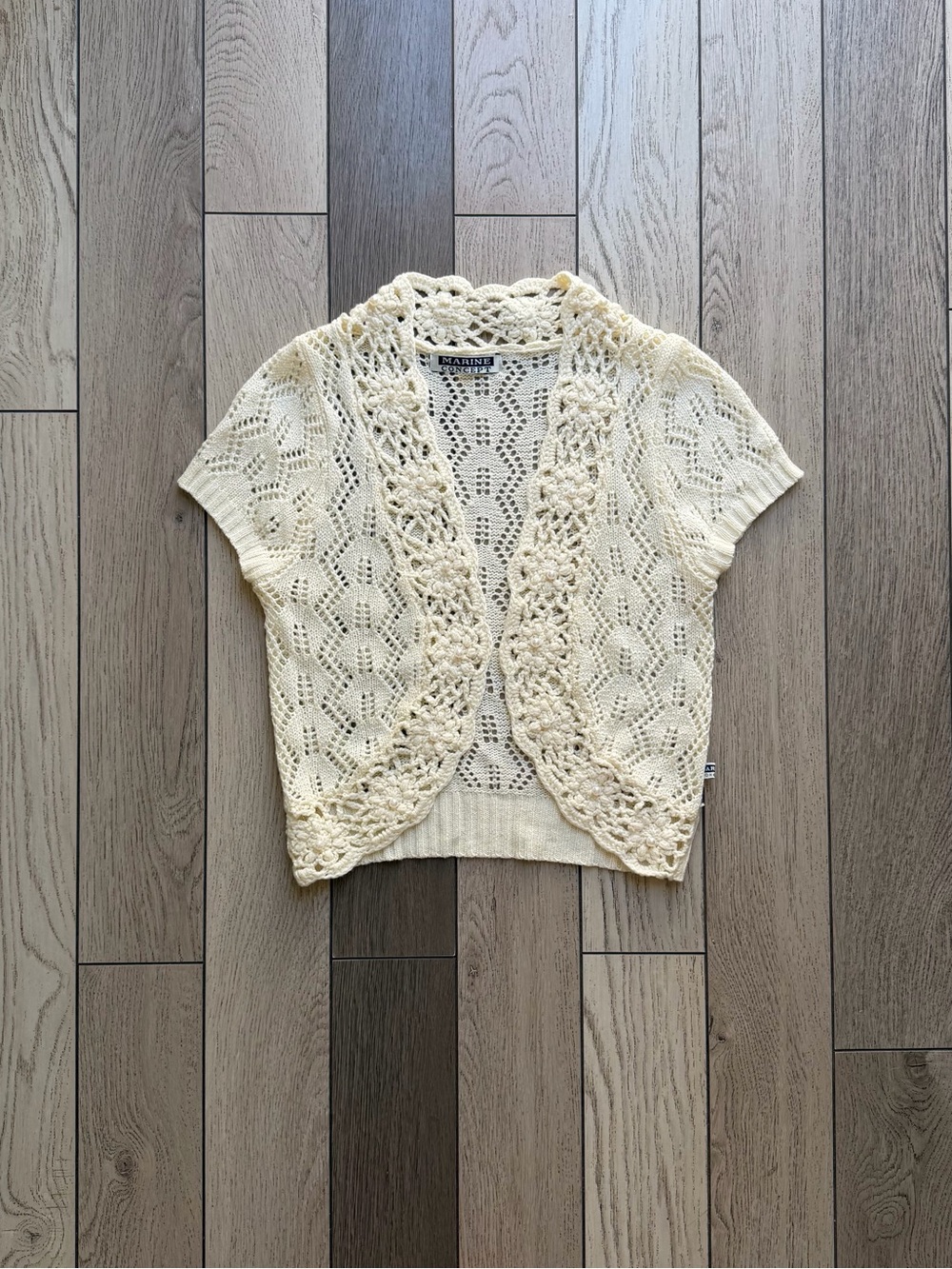 Vintage Marine Concept Marble Cream Crochet Short-Sleeve Open Cardigan O/S
